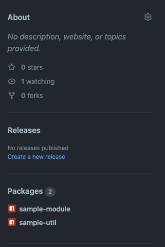 GitHub 레포지토리 사이드바의 Packages 항목에 배포된 sample-module과 sample-util